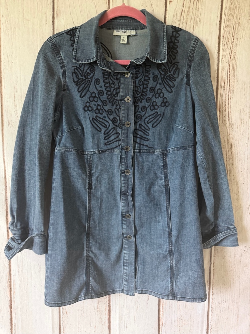 Lana Lee Embroidered Tencel Denim Button Front Shirt/Jacket/Tunic Size 10